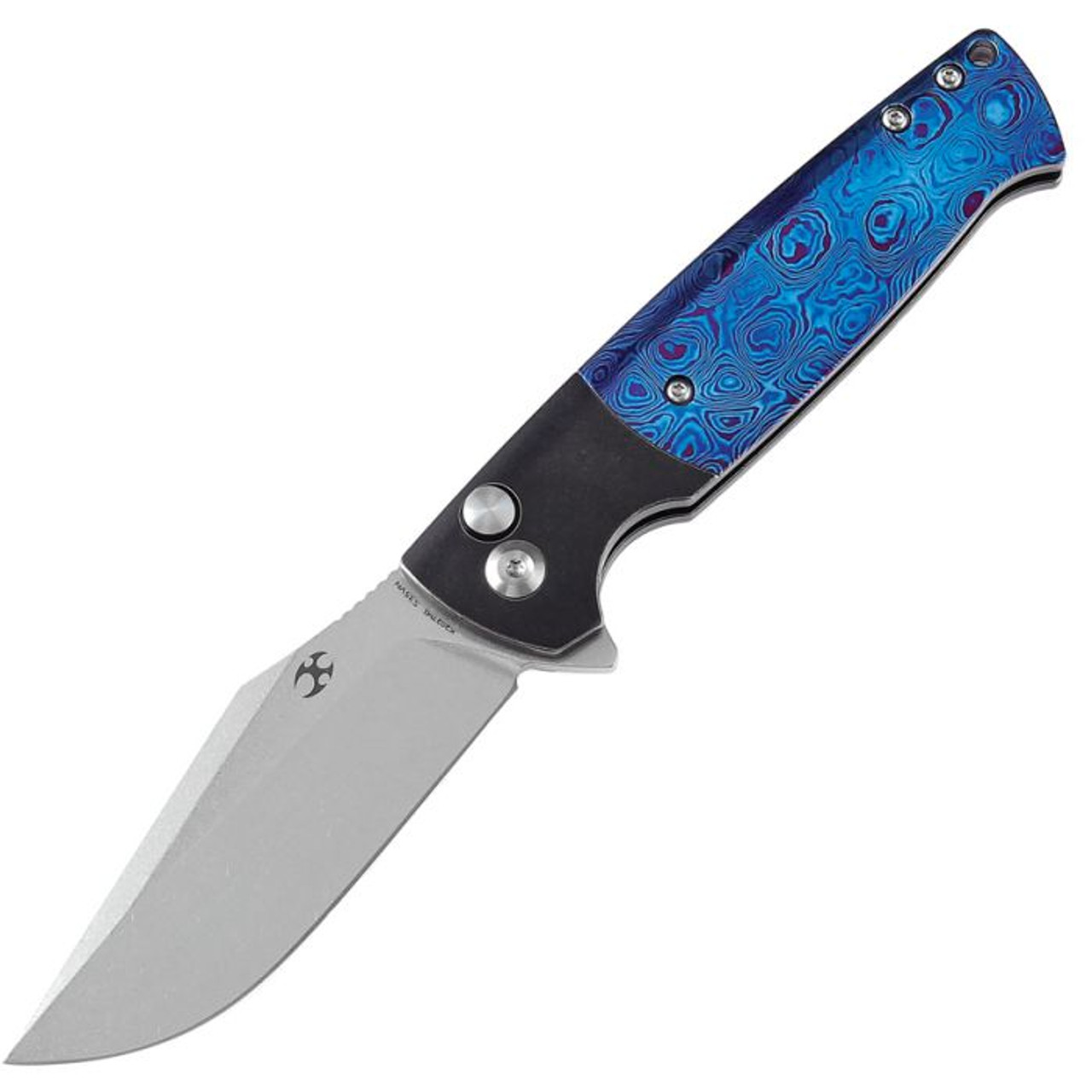 Kansept Knives Skikari SBL (K2027M1) 3.35" CPM-S35VN Stonewashed Clip Point Plain Blade, Blue Timascus Handle with Blackwashed Titanium Bolsters
