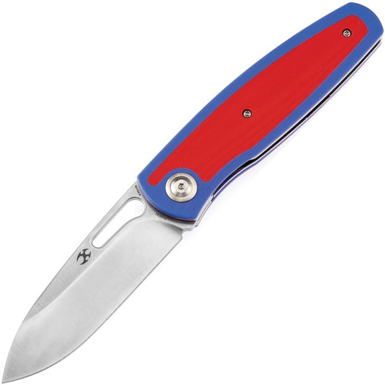 Kansept Mato (K1050A1) 3.3" CPM-S35VN Satin Spear Point Plain Blade, Blue and Red G-10 Handle