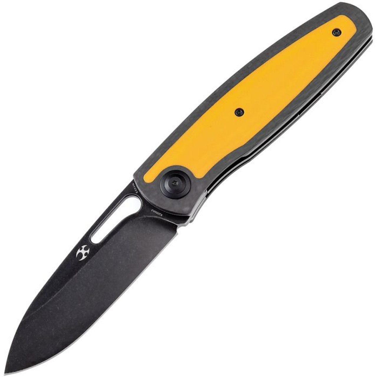 Kansept Knives Mato (K1050A3) 3.3" CPM-S35VN Blackwashed Spear Point Plain Blade, Black Carbon Fiber Handle with Yellow G-10 Onlay