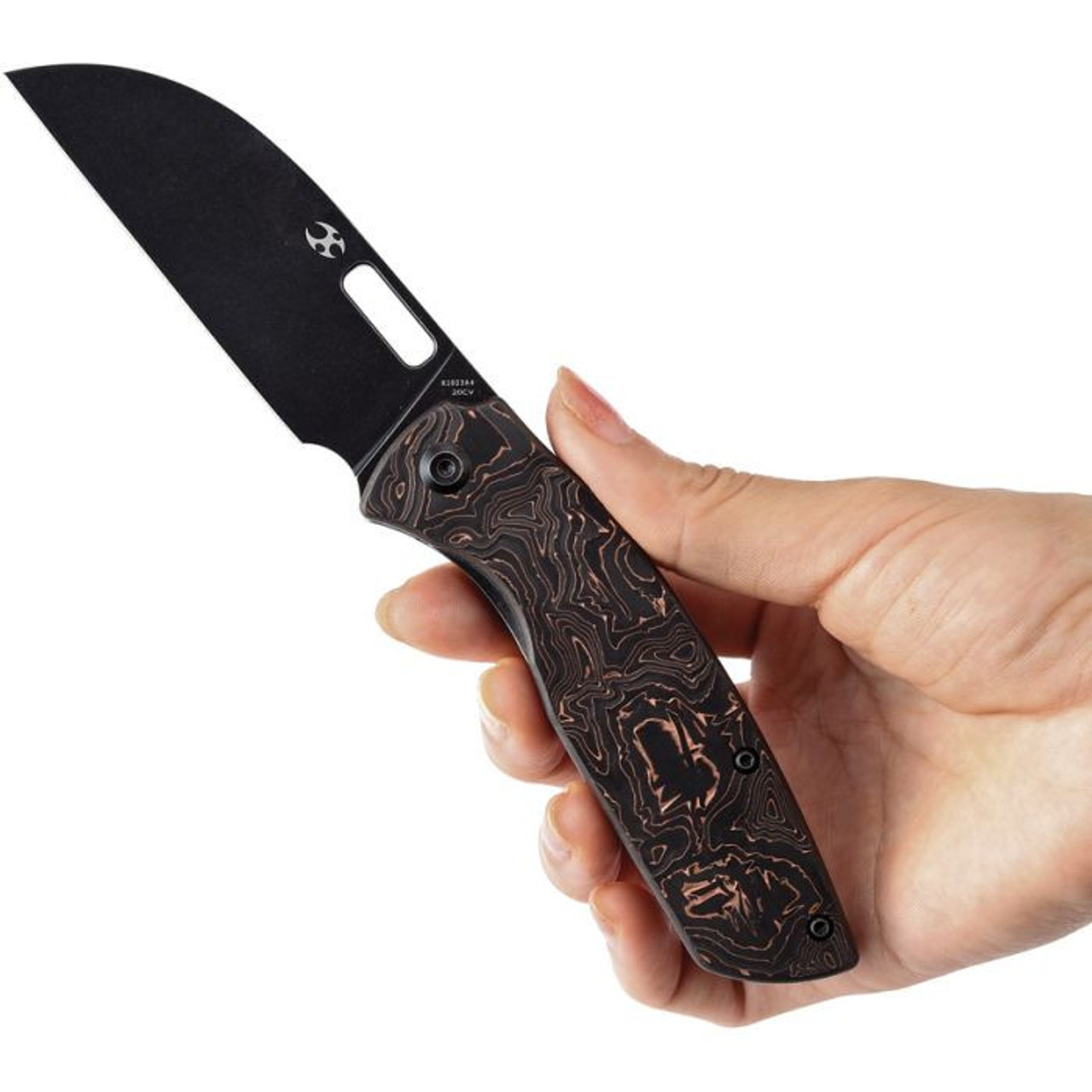 Kansept Convict (K1023A4) 3.3" CPM-20CV Black Stonewashed Sheepsfoot Plain Blade, Black and Copper Carbon Fiber Handle
