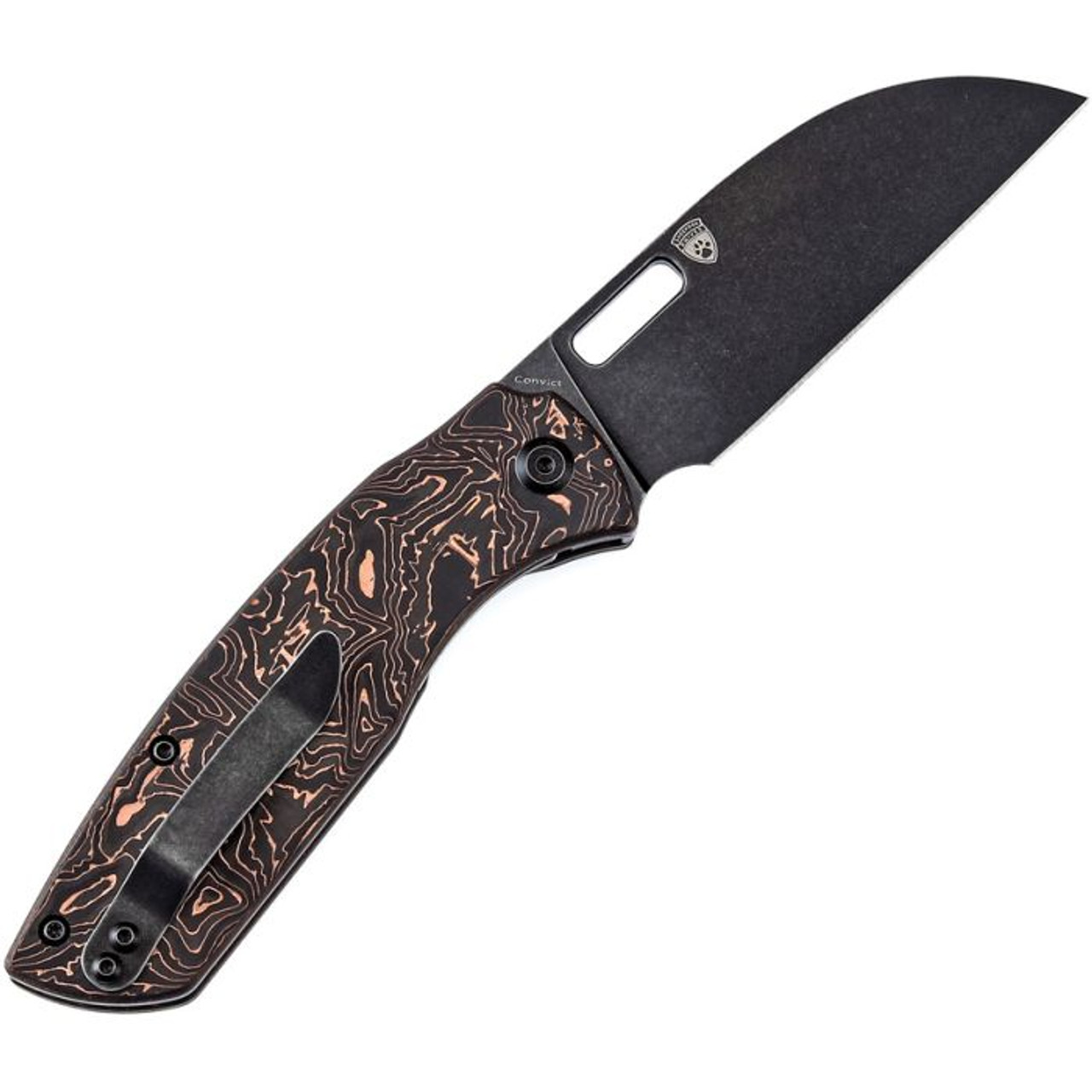 Kansept Knives Convict (K1023A4) 3.3" CPM-20CV Blackwashed Sheepsfoot Plain Blade, Black and Copper Carbon Fiber Handle