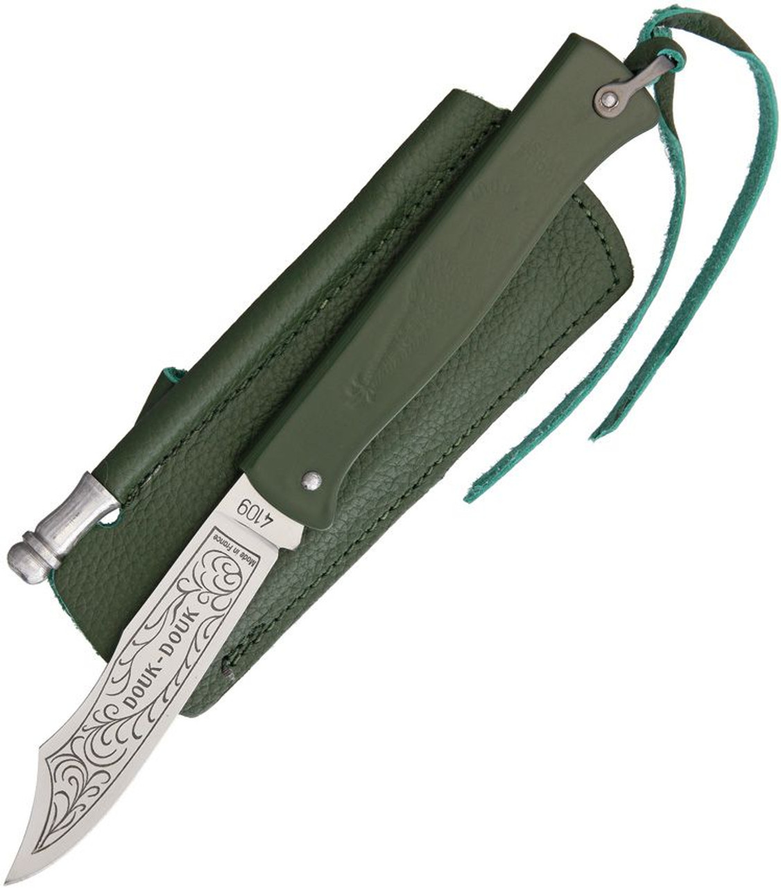 Douk-Douk Slip Joint Folder (DD815GMCOLG) 3.13" Hight Carbon Steel Satin Clip Point Blade, Green Stainless Steel Handle, Green Leather Pouch with Sharpening Rod