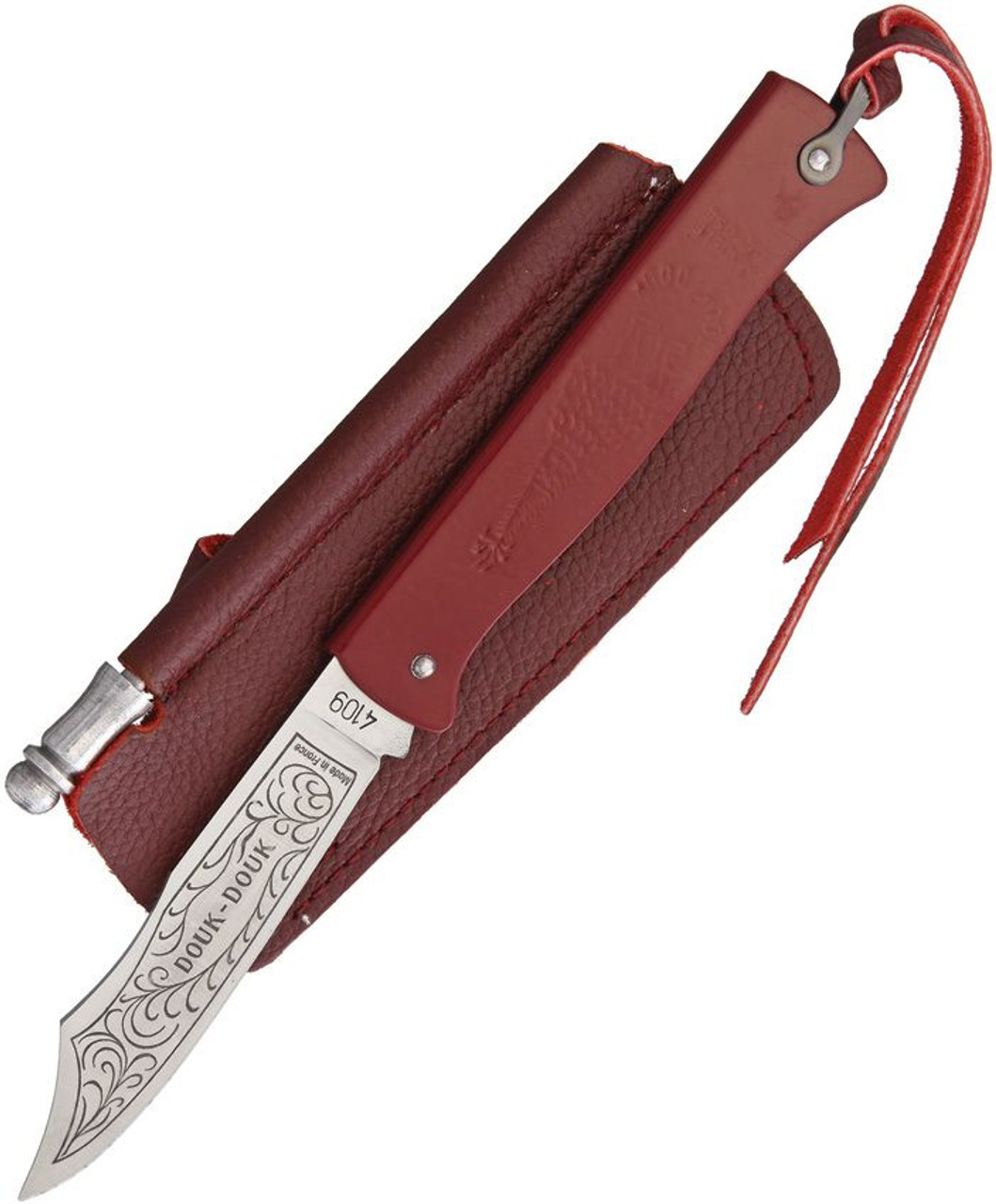 Douk-Douk Slip Joint Folder (DD815GMCOLR) 3.13" Hight Carbon Steel Satin Clip Point Blade, Red Stainless Steel Handle, Red Leather Pouch with Sharpening Rod