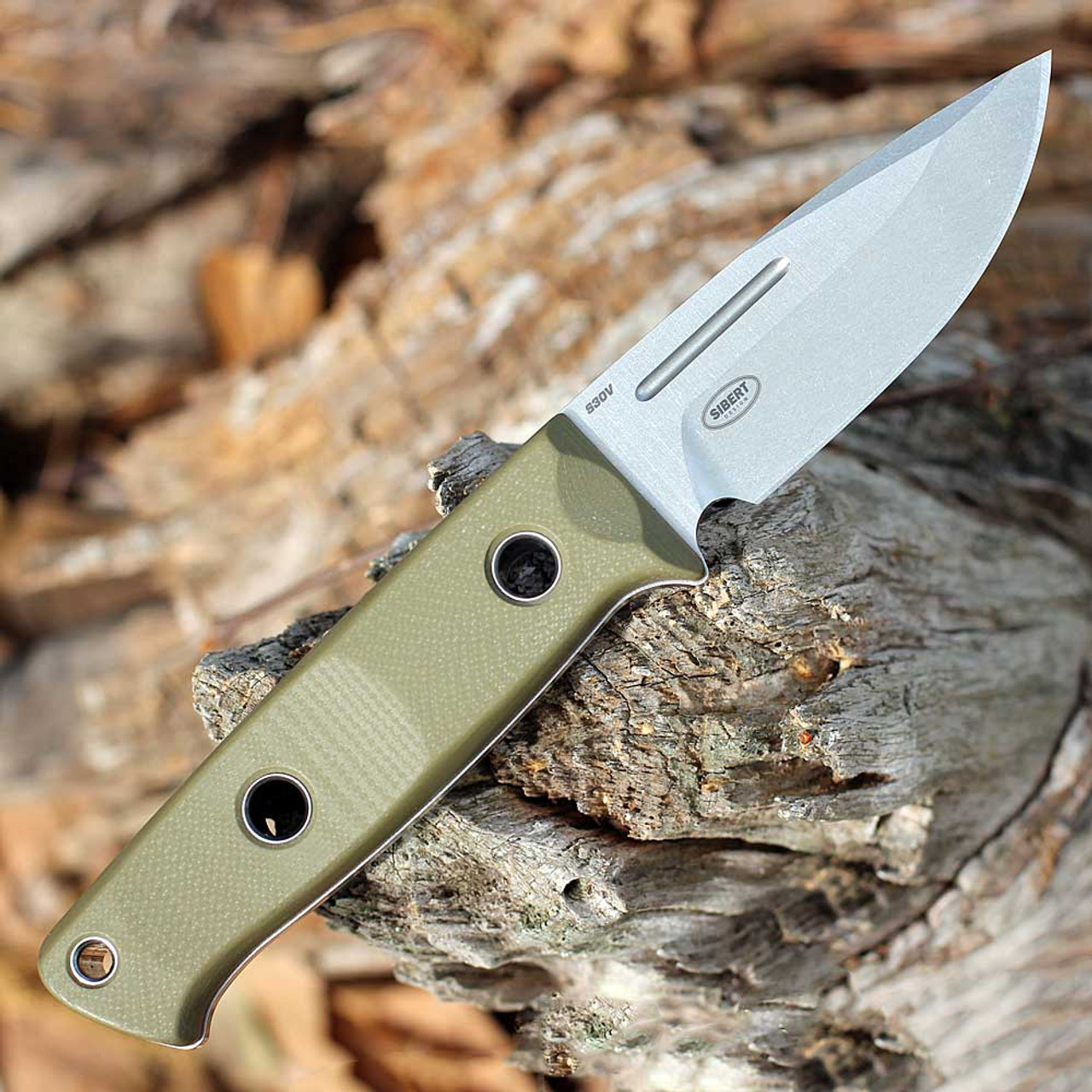 Benchmade Mini Bushcrafter Fixed Blade (165-1) - 3.38" Stonewash CPM-S30V Drop Point Plain Balde, OD Green G-10 Handle w/ Leather Sheath