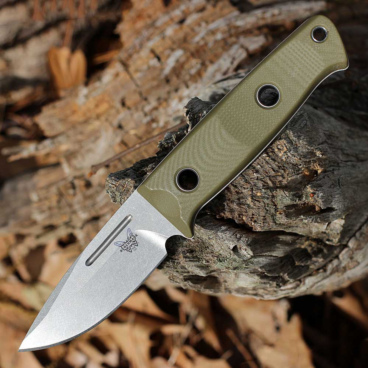 Benchmade Mini Bushcrafter Fixed Blade (165-1) - 3.38" Stonewash CPM-S30V Drop Point Plain Balde, OD Green G-10 Handle w/ Leather Sheath