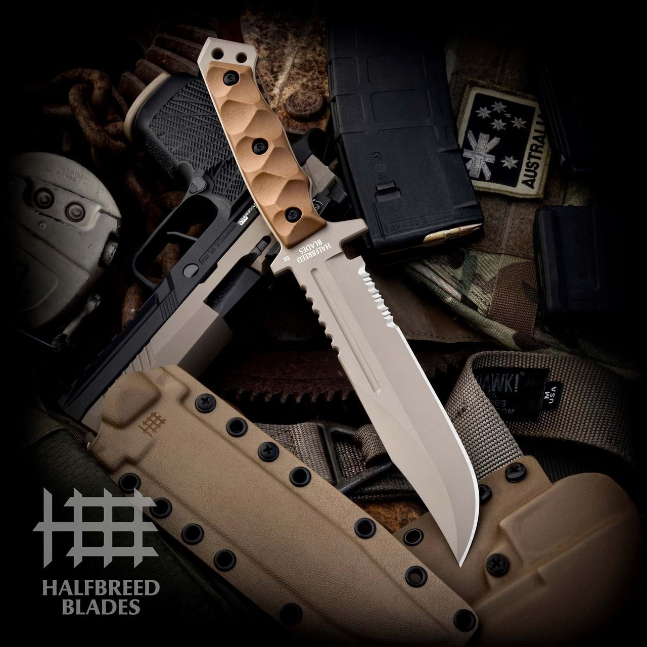 Halfbreed Blades Large Survival Knife (LIK-01 Gen 2) 6.89" K110 (D2) Teflon Coated Dark Earth Clip Point Blade, Dark Earth 3D Textured G-10 Handle, Dark Earth Kydex Sheath