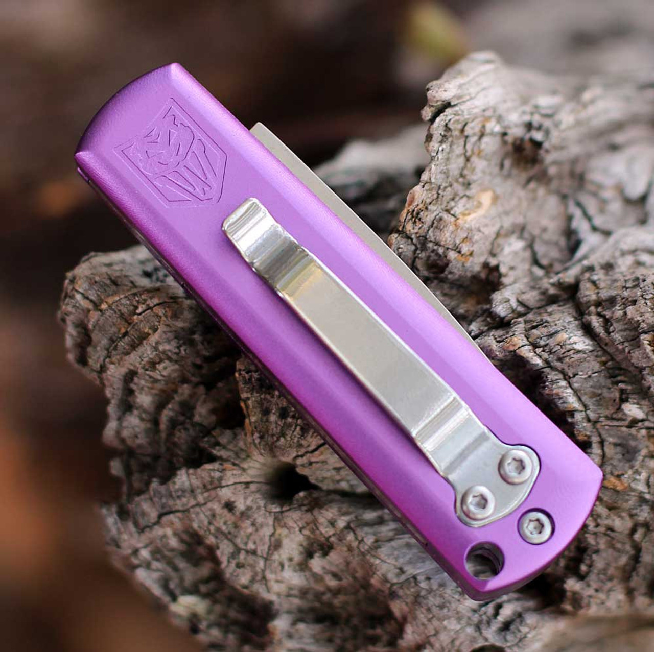 CobraTec Compact Hidden Release Automatic (CTCHRPUR) - 1.9 Satin D2 Steel Drop Point Plain Blade, Purple Aluminum with Purple Bolster Handle