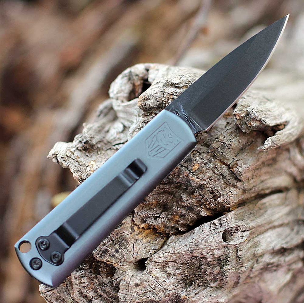 CobraTec Compact Hidden Release Automatic (CTCHRGRY) - 1.9 Black D2 Steel Drop Point Plain Blade, Grey Aluminum with Grey Bolster Handle