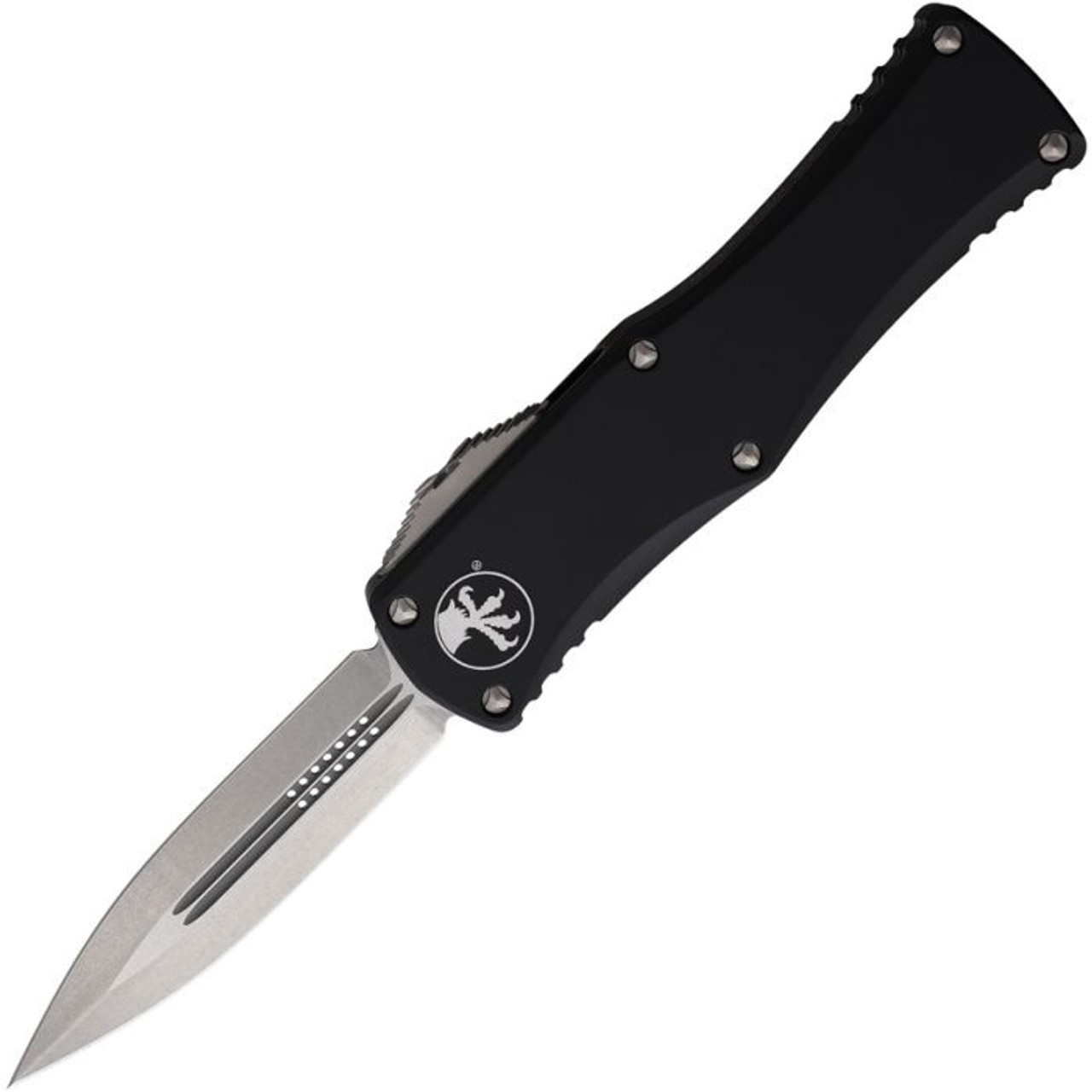 Microtech Hera D/E (MCT70210) 4.01" Premium Steel Stonewashed Double Edge Dagger Blade, Black Aluminum Handle with Double Action Thumb Slide