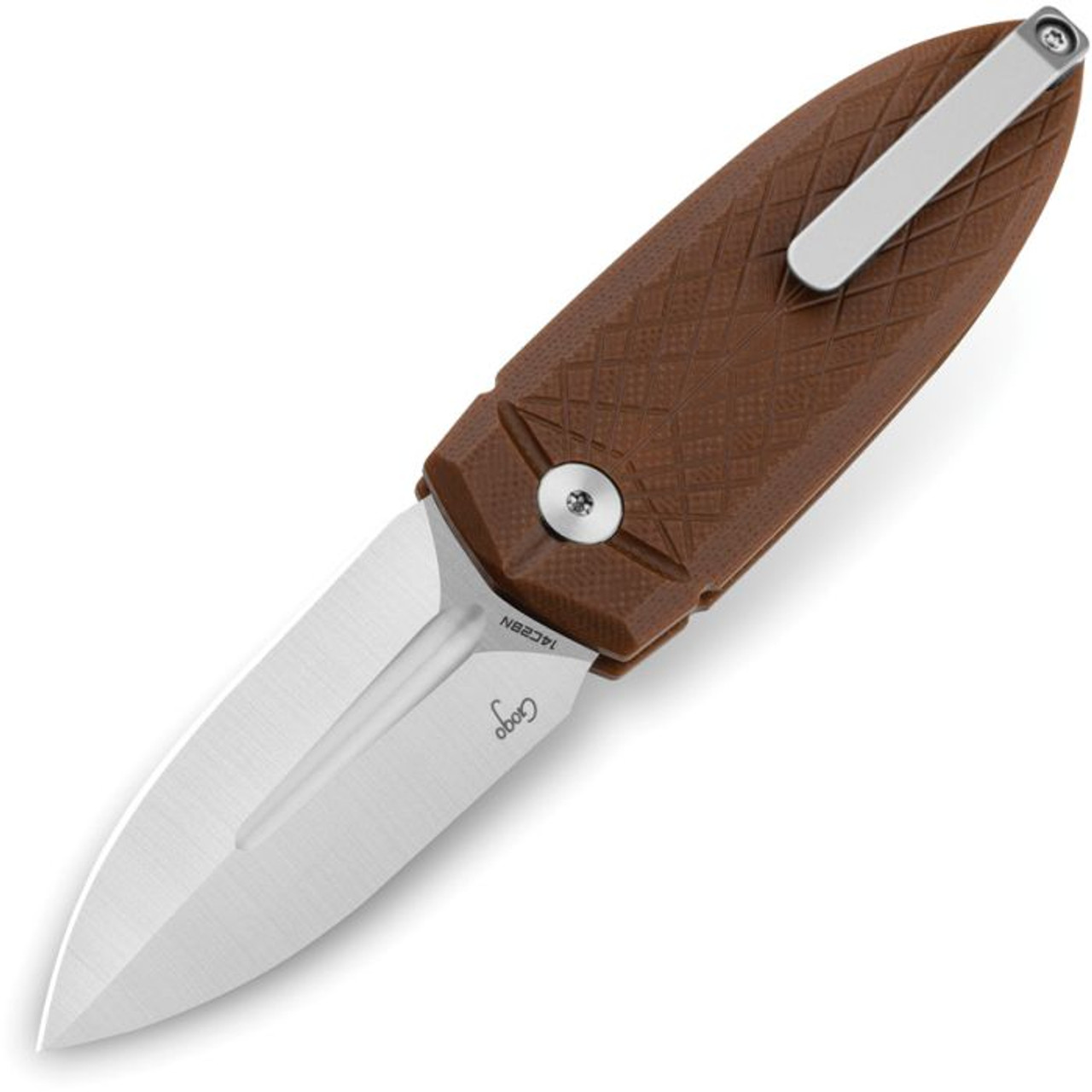 Bestech Ququ (BTKG57A3) 2.25" Sandvik 14C28N Satin Spear Point Plain Blade, Brown G-10 Handle