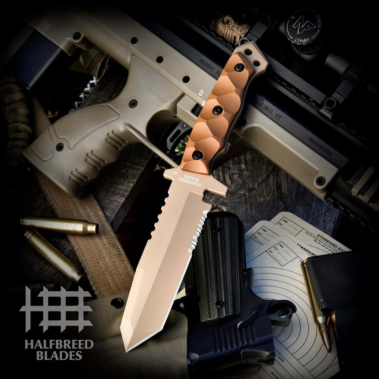 Halfbreed MIK-02 GEN 2 Medium Infantry Knife (MIK-02-GEN-2-DE) 5.31" K110 D2 Dark Earth Partially Serrated Tanto Blade, Dark Earth Textured G-10 Handle, Dark Earth Molded Kydex Sheath