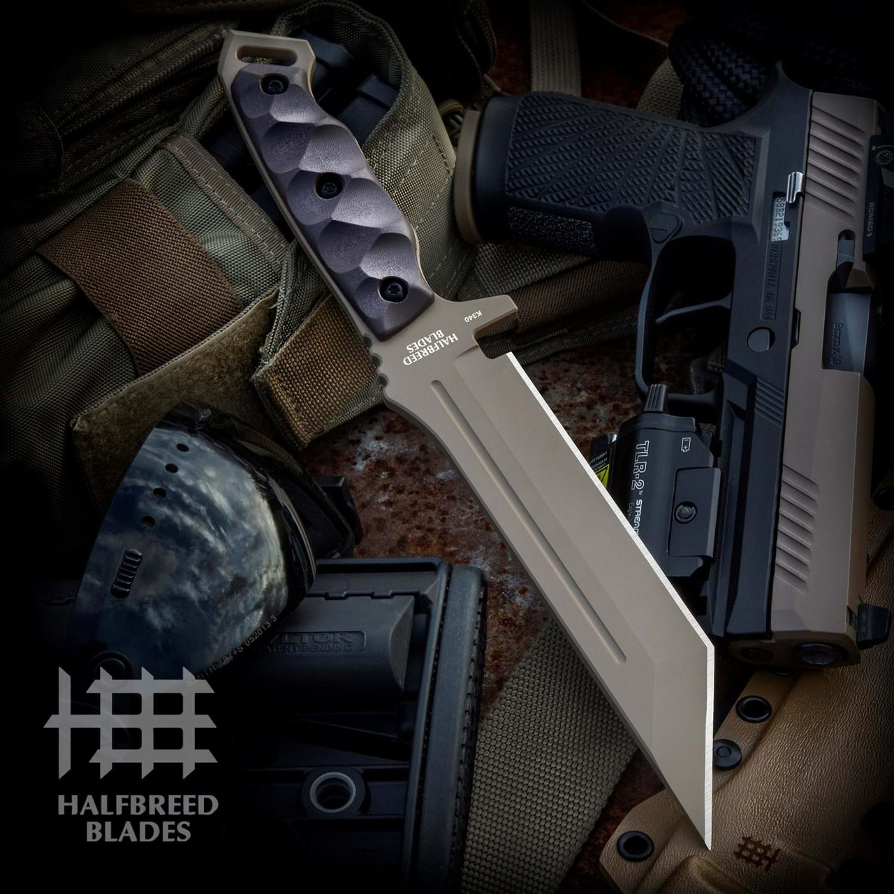 Halfbreed Blades Medium Infantry Knife (MIK-05P-K340-DE) - 6.69" K340 Dark Earth Teflon Plain Tanto Blade, Dark Earth G10 Handles, Dark Earth Kydex Sheath