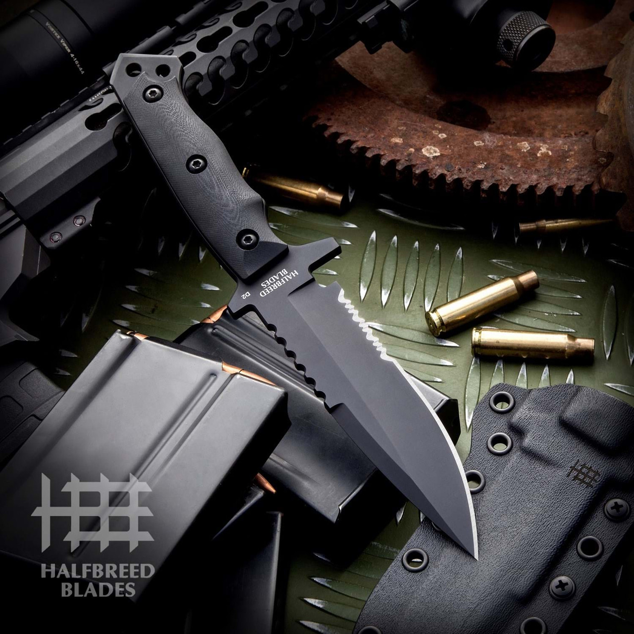 Halfbreed Blades Medium Infantry Knife (MIK-03-BLK) 5.31" K110 D2 Black Partially Serrated Blade, Black G10 Handle, Black Kydex Sheath