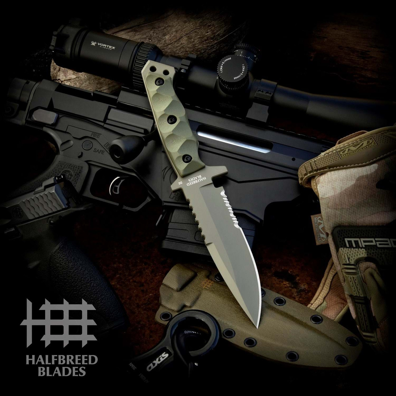 Halfbreed Blades Medium Infantry Knife Generation 2 (MIK-03-GEN-2-OD) 5.31" K110 D2 Olive Drab Partially Serrated Blade, Olive Drab G10 Handle, Olive Drab Kydex Sheath