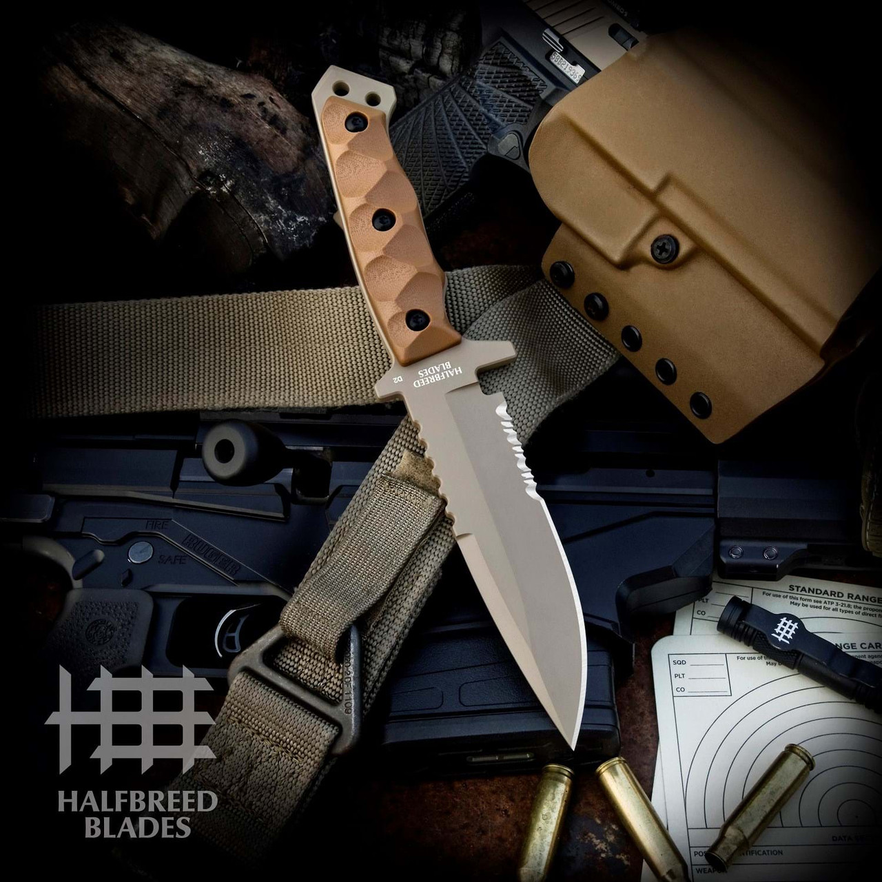 Halfbreed Blades Medium Infantry Knife Generation 2 (MIK-03-GEN-2-DE) 5.31" K110 D2 Dark Earth Partially Serrated Blade, Dark Earth G10 Handle, Dark Earth Kydex Sheath