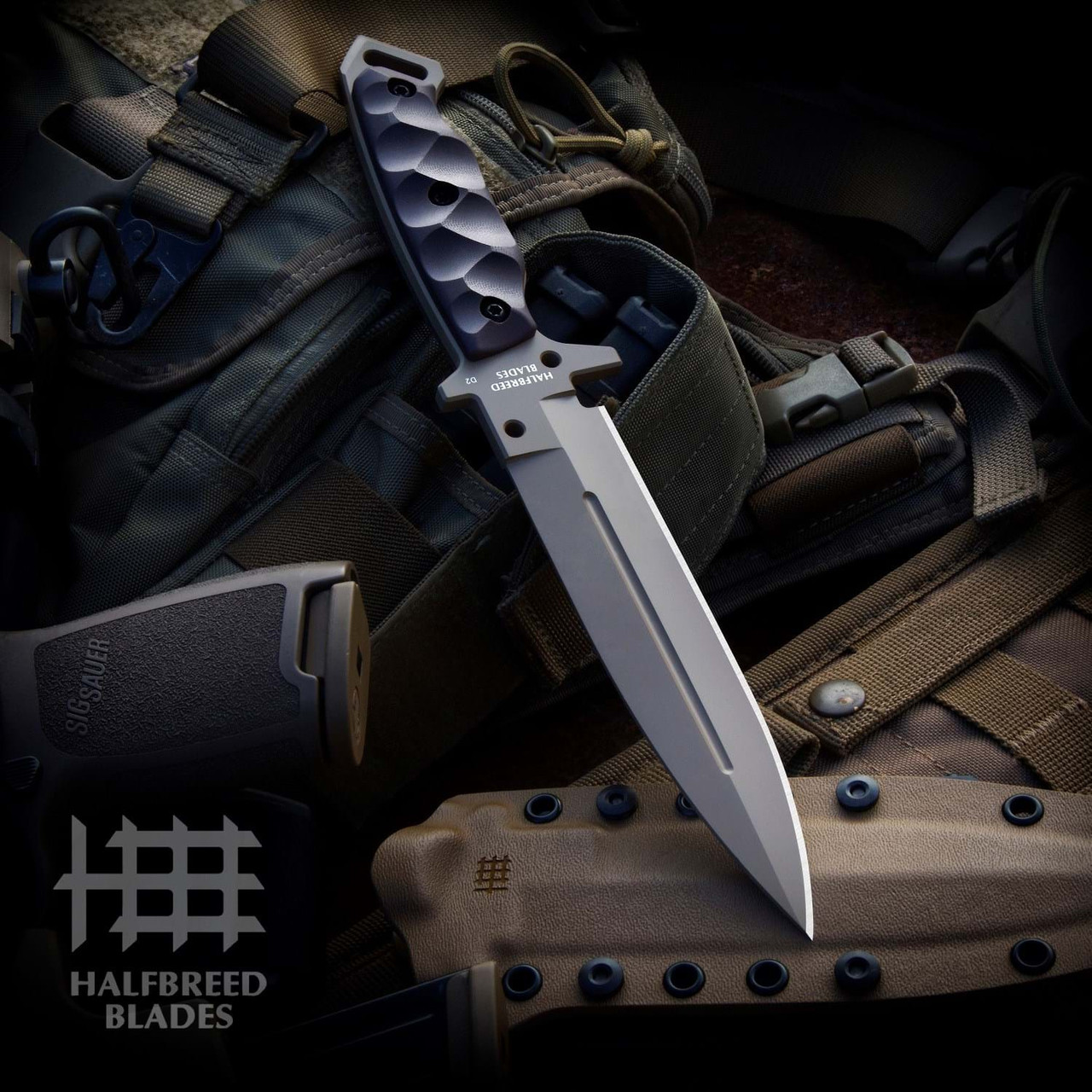 Halfbreed Blades Medium Infantry Knife (MIK-01P DE)  6.49" K110 D2 Dark Earth Teflon Coated Plain Edge Spear Point Blade, Dark Earth G-10 Handle, Dark Earth Molded Kydex Sheath