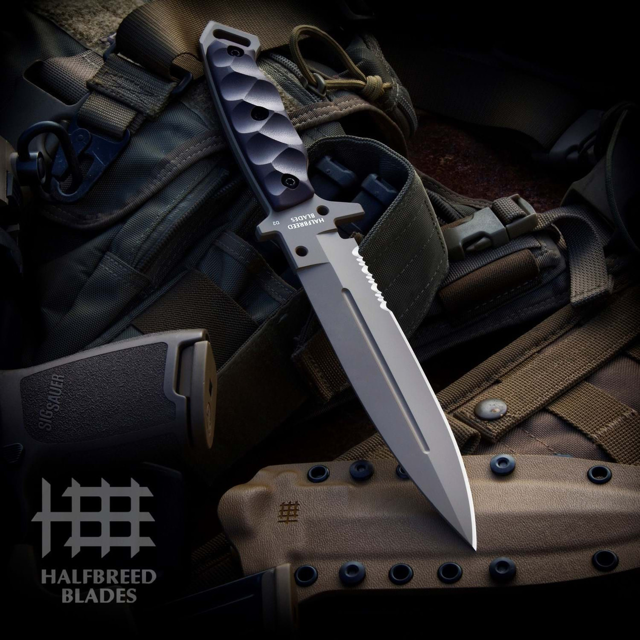 Halfbreed Blades Medium Infantry Knife (MIK-01PS DE)  6.49" K110 D2 Dark Earth Teflon Coated Partially Serrated Edge Spear Point Blade, Dark Earth G-10 Handle, Dark Earth Molded Kydex Sheath