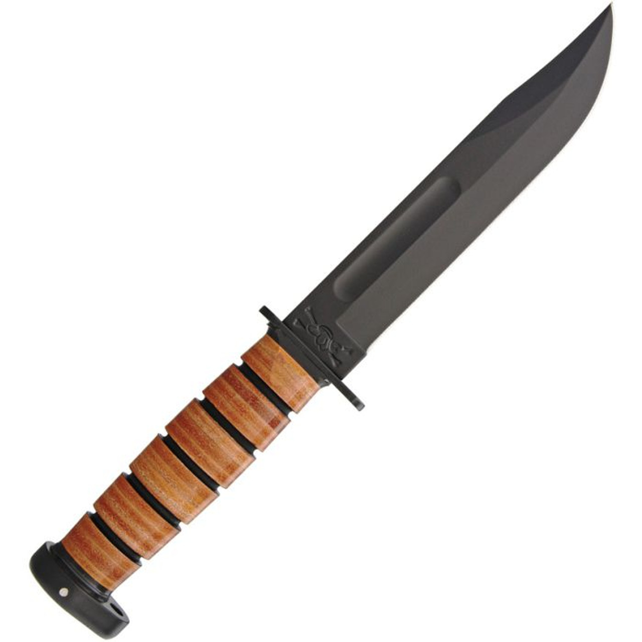 Ka-Bar Dog's Head Utility Knife (KA1317) 7" 1095 Cro-Van Black Powder Coated Clip Point Plain Blade, Brown Stacked Leather Handle with Carbon Steel Guard and Pommel, Brown Leather Belt Sheath