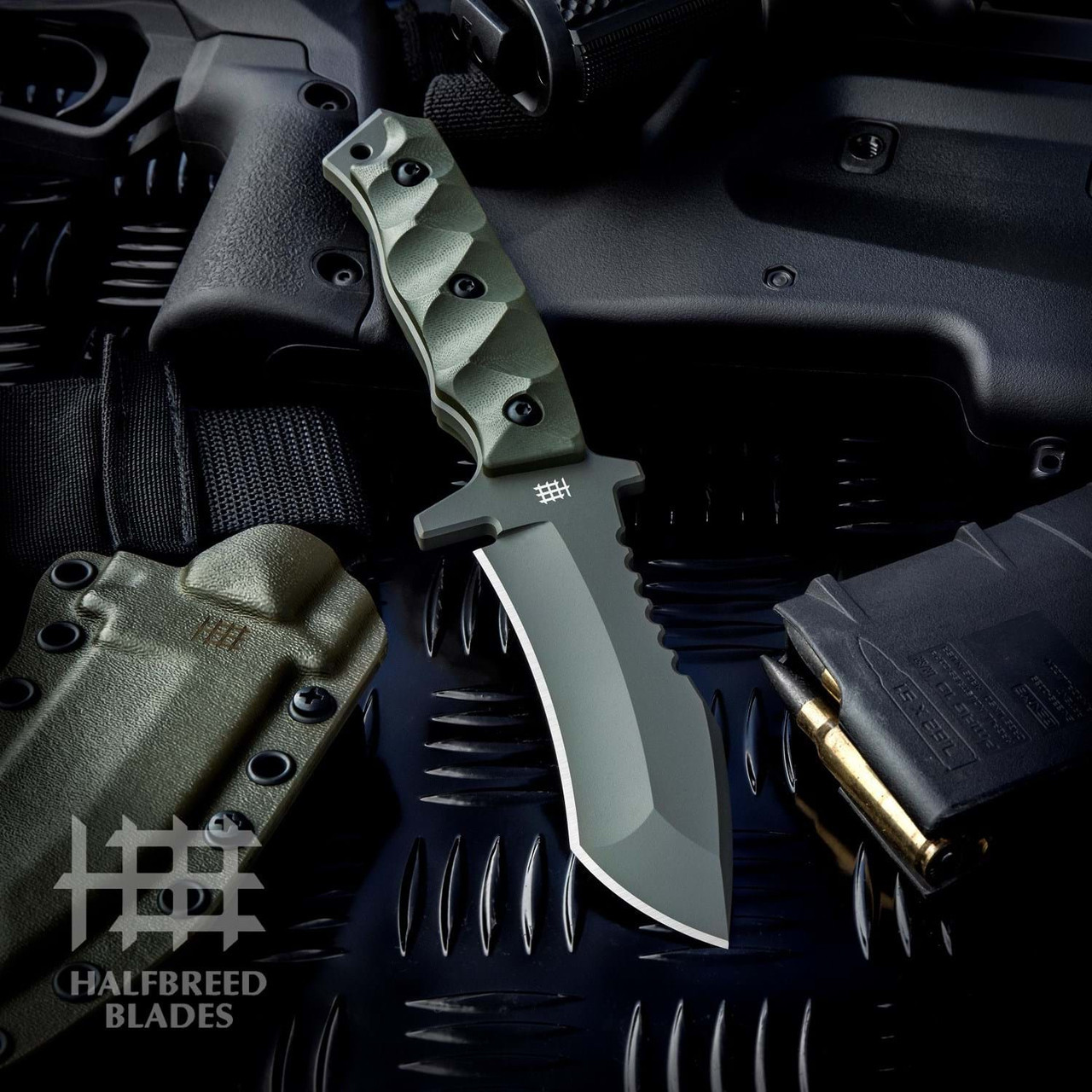 Halfbreed Blades Medium Clearance Knife (MCK-02 OD) 4.52" K110 D2 Olive Drab Recurve Drop Point Blade, Olive Drab G-10 Handle, Olive Drab Molded Kydex Sheath