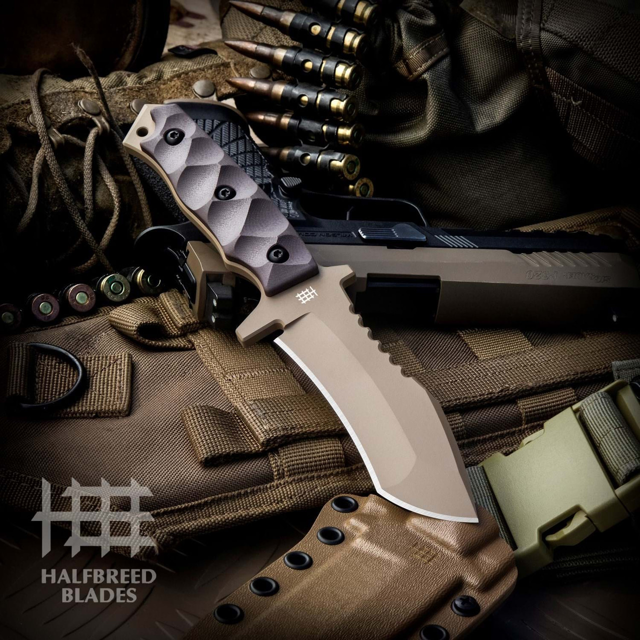 Halfbreed Blades Medium Clearance Knife (MCK-02 DE) 4.52" K110 D2 Dark Earth Recurve Drop Point Blade, Dark Earth G-10 Handle, Dark Earth Molded Kydex Sheath