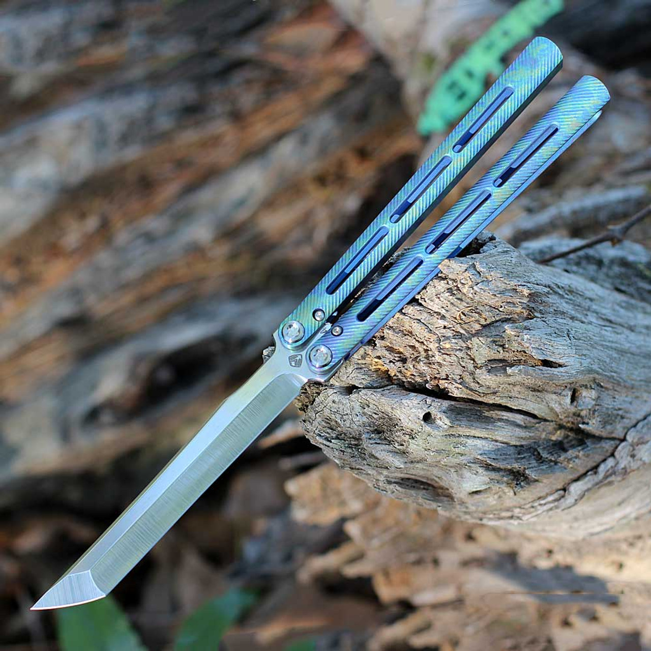 Medford Knife & Tool Viceroy Balisong Butterfly Knife - 4.85" Tumbled CPM-S45VN Tanto Plain Blade, Multi-colored Sponge Anodized Titanium Handle
