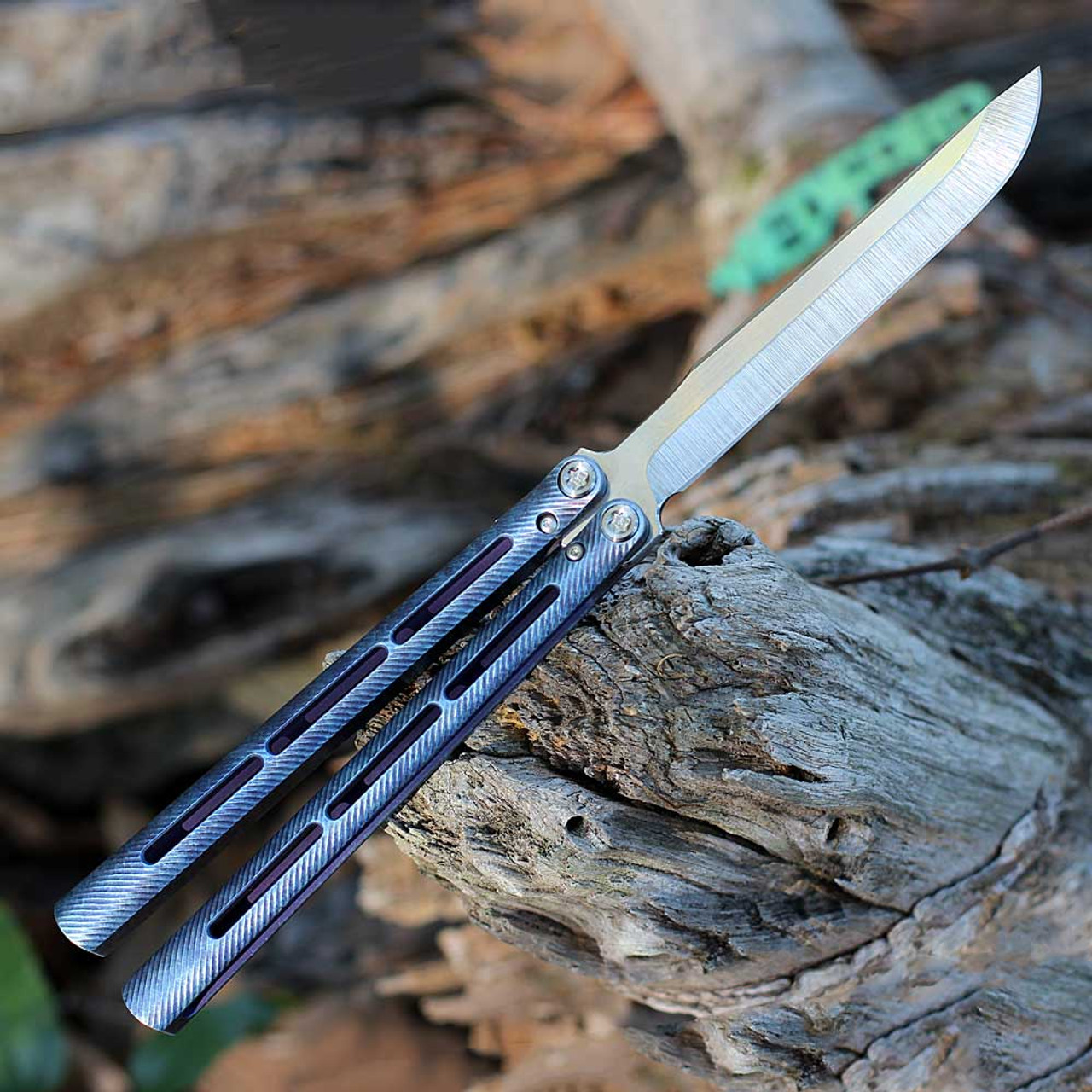 Medford Knife & Tool Viceroy Balisong Butterfly Knife - 4.85" Tumbled CPM-S45VN Drop Point Plain Blade, Blue Sponge Anodized Titanium Handle