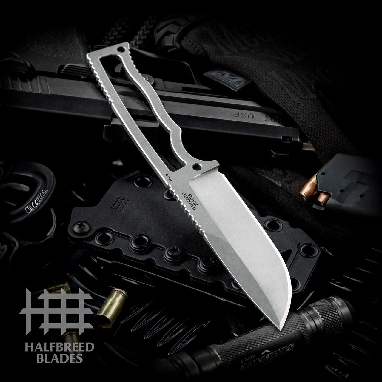 Halfbreed Compact Field Knife (CFK-01) 4.01" N690 SW Drop Point Plain Blade, SW N690 Handle, Black Molded Plastic Sheath