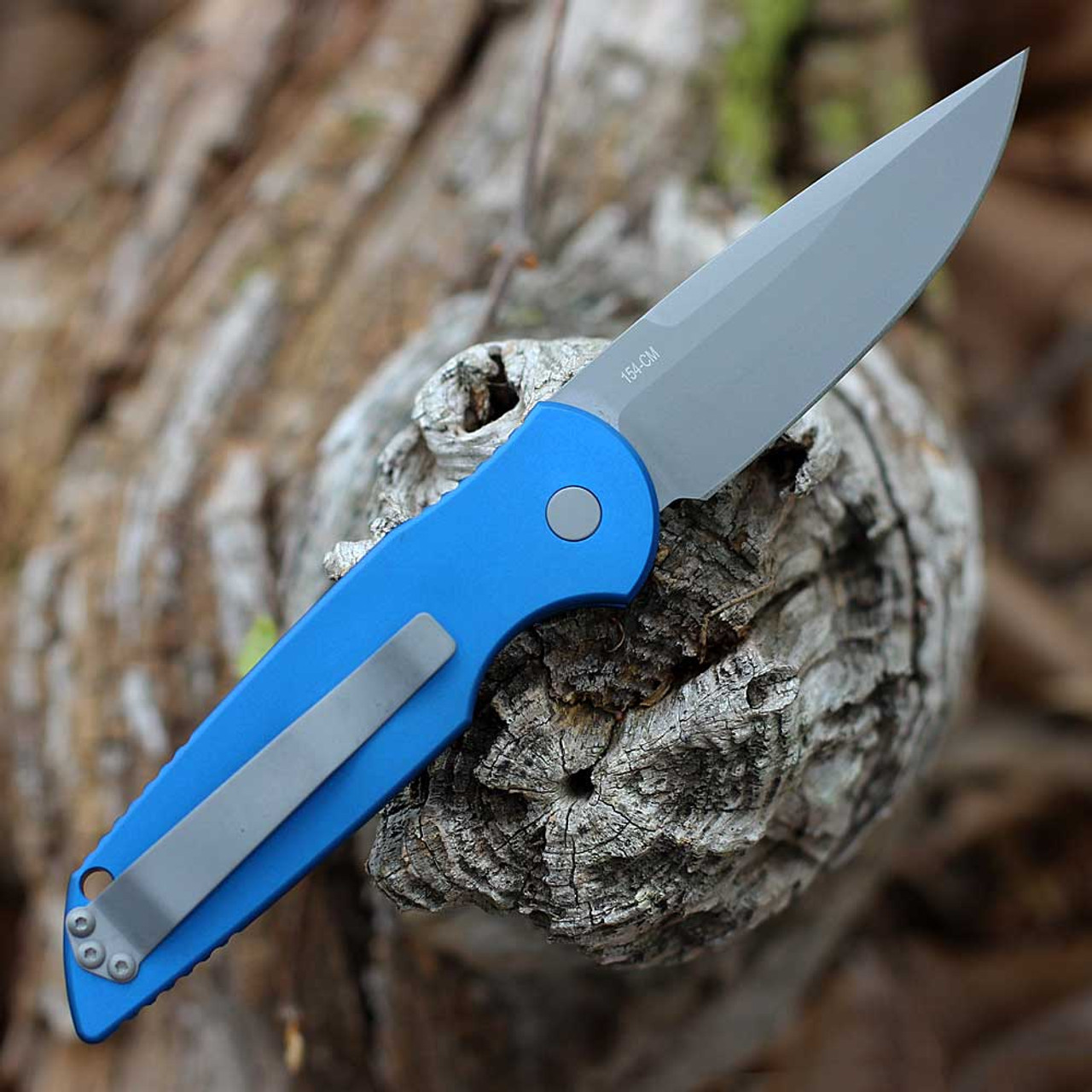 Pro-Tech TR-3 (TR-3 Blue) 3.5" 154CM Bead Blasted Drop Point Plain Blade, Blue Grooved Anodized Aluminum Handle