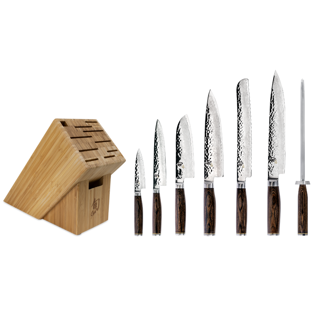 Shun Premier 8 Pc Professional Block Set (TDMS0808)  VG-Max Hammered Damascus Blades, Walnut Finished Pakkawood Handles, Bamboo Block