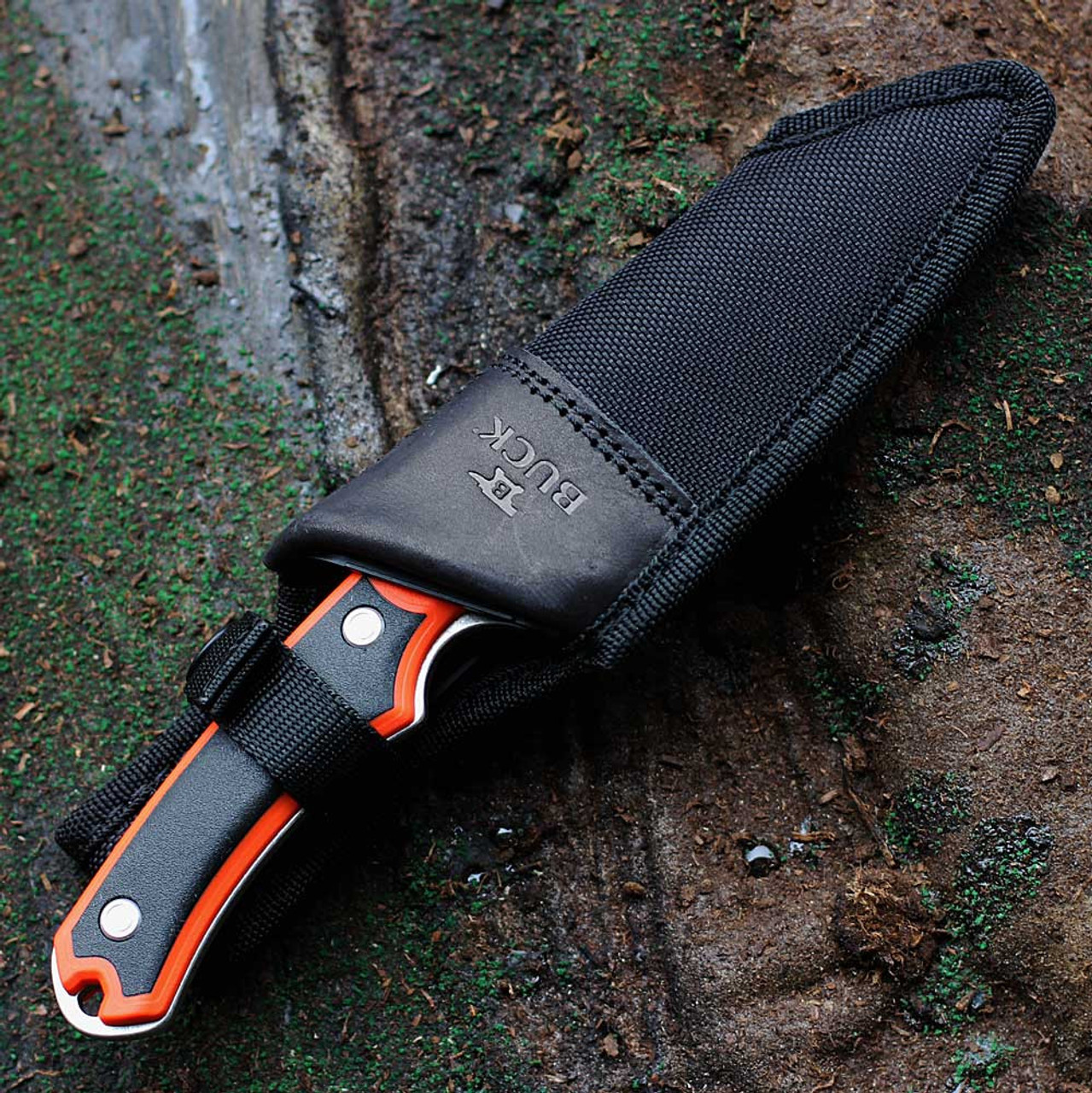 Buck Knives Alpha Guide Select (BU663ORS) 4.375" Stonewashed Drop Point Plain Blade, Black and Orange Glass Filled Nylon Handle with Versaflex, Black Polyester Sheath with Leather Accents