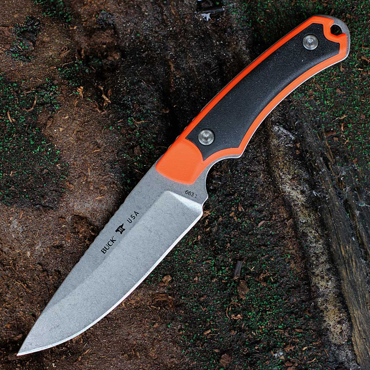 Buck Knives Alpha Guide Select (BU663ORS) 4.375" Stonewashed Drop Point Plain Blade, Black and Orange Glass Filled Nylon Handle with Versaflex, Black Polyester Sheath with Leather Accents