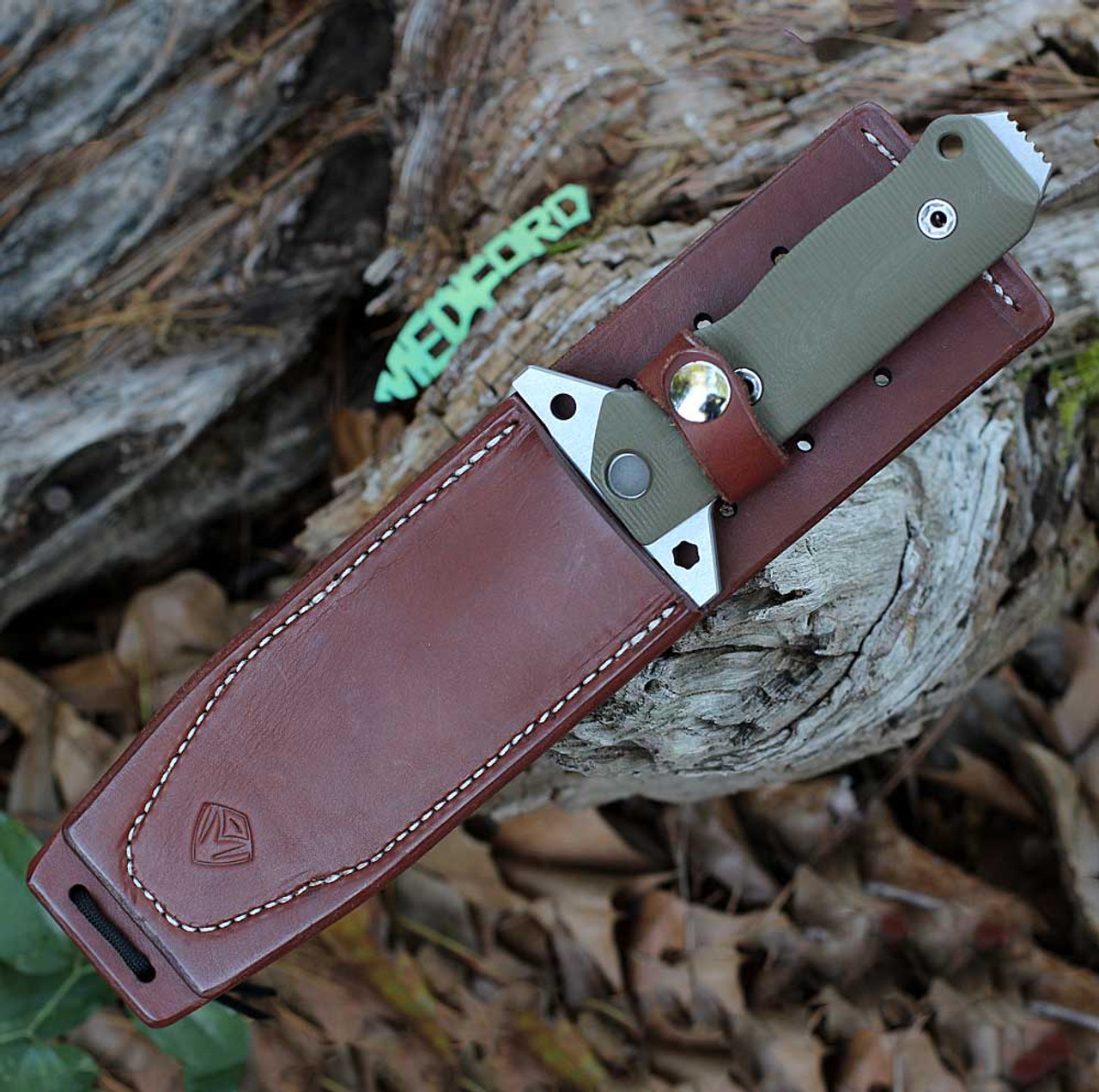 Medford Knife & Tool PRO™ AIO-2 Fixed Blade (MK1193TQ-10LE-SPQ3-Q4) - 5.3" Tumbled CPM-3V Spear Point Plain Blade, OD Green G-10 Handle, Brown Leather Sheath