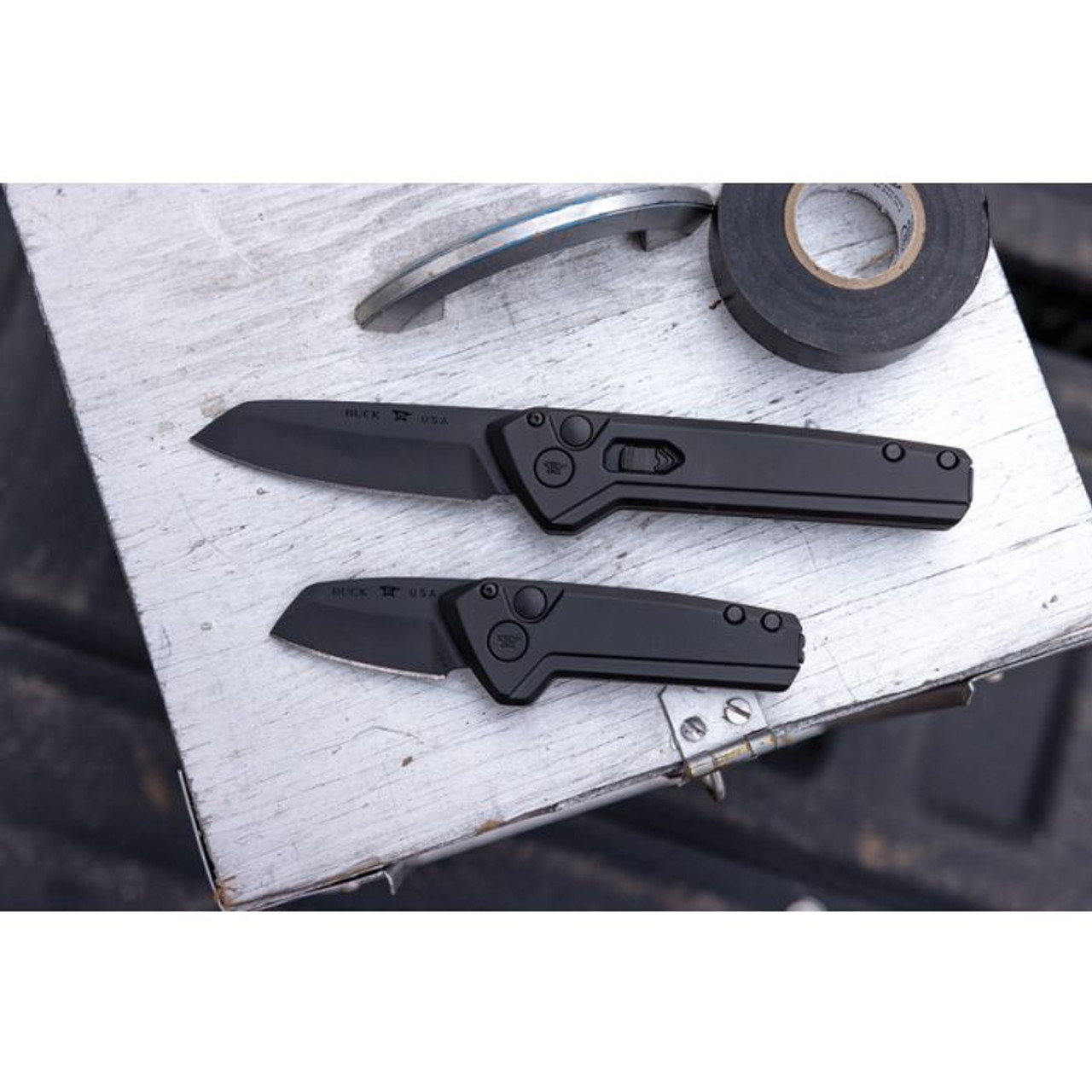 Buck Knives Mini Deploy Auto (BU839BKS1) 1.75" CPM-S35VN Black Cerakote Coated Wharncliffe Plain Blade, Black Cerakote Coated Aluminum Handle with Push Button Open