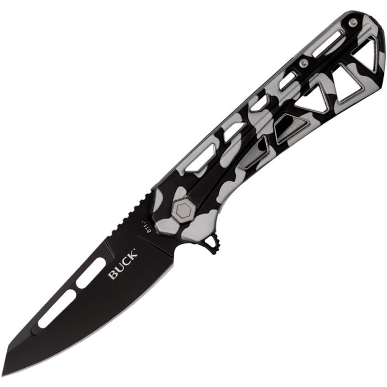 Buck Knives Trace Ops (BU811CMS) 3.23" 7Cr17MoV Black Reverse Tanto Plain Blade, Grey and Black Camo Aluminum Handle