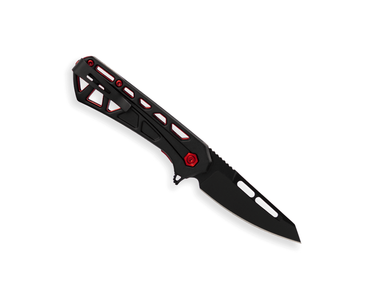 Buck Knives Mini Trace Ops (BU813BKS) 2.43" 7Cr17MoV Black Reverse Tanto Plain Blade, Black Skeletonized Anodized Aluminum Handle with Red Accents