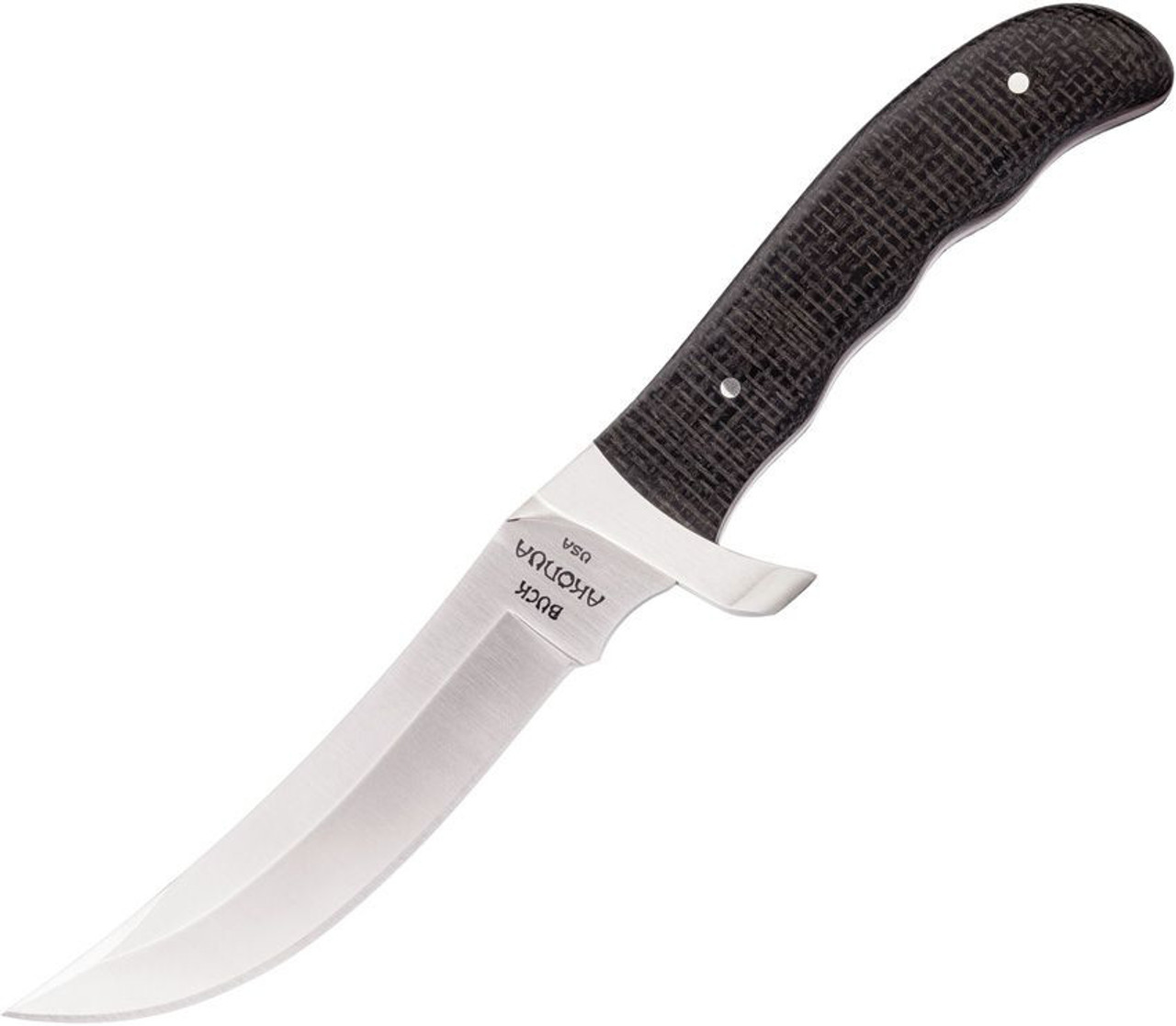 Buck Knives Akonua 2024 Legacy Collection (BU402BKSLE) 4.75" CPM-S35VN Satin Trailing Point Plain Blade, Black Micarta Handle, Black Distressed Leather Sheath