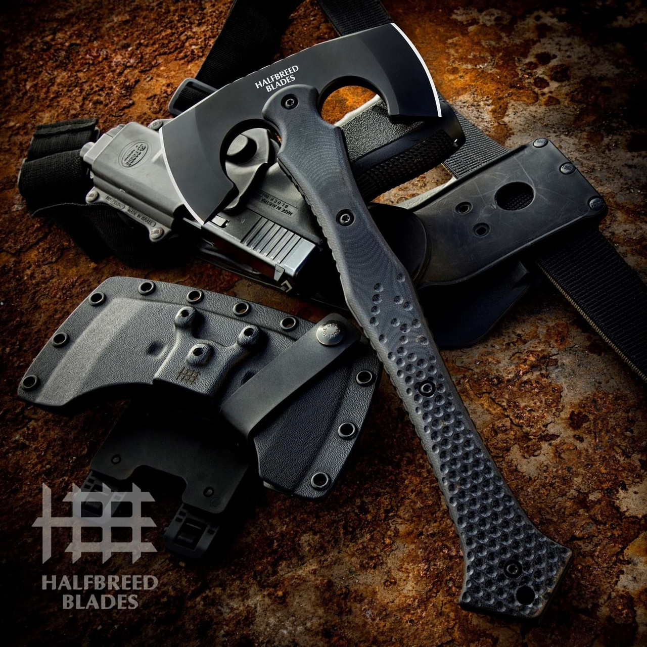 Halfbreed Blades Compact Battle Axe (CBA-01-BLK) 2.99" K110 D2 Double Headed Axe Head, Black G-10 Handle, Black Kydex Sheath