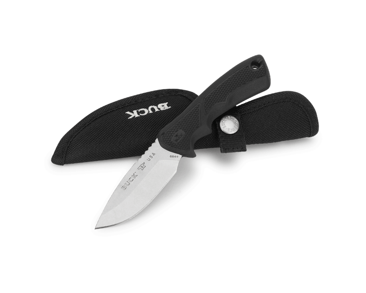 Buck Knives Bucklite Max II (BU684BKS) 3.25" 420HC Satin Drop Point Plain Blade, Black Dynaflex Rubber Handle, Black Polyester Sheath