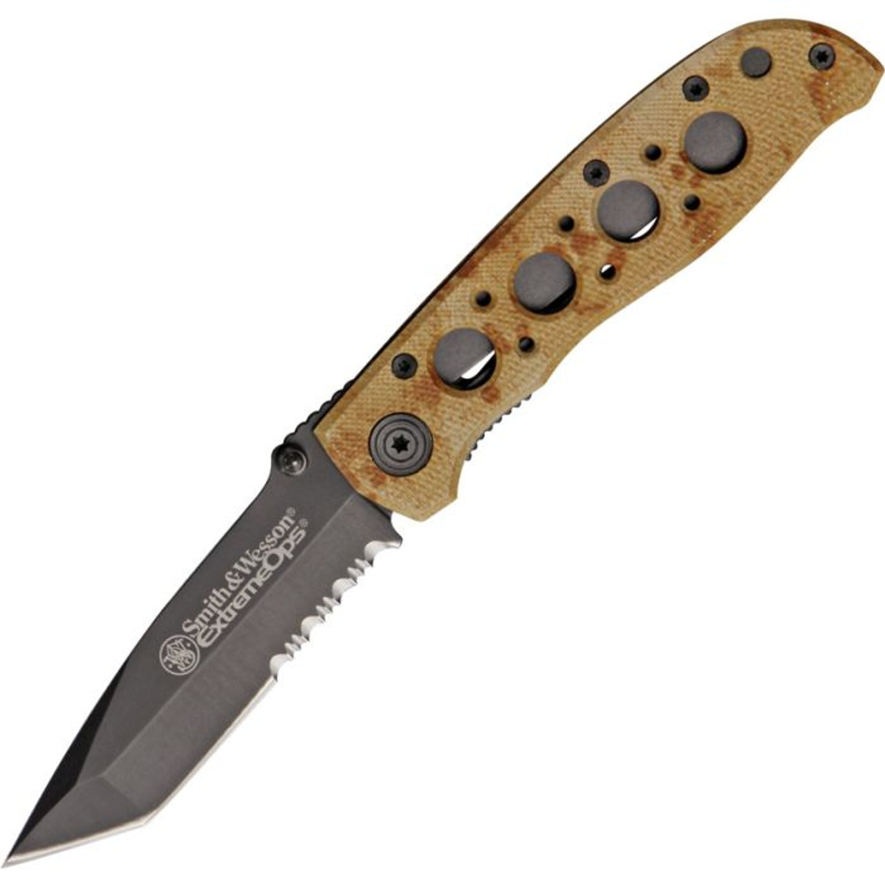 Smith & Wesson Extreme Ops (SW5TBSD) 3.25" 7Cr17MoV Black Teflon Coated Tanto Partially Serrated Blade, Desert Tan Aluminum Handle