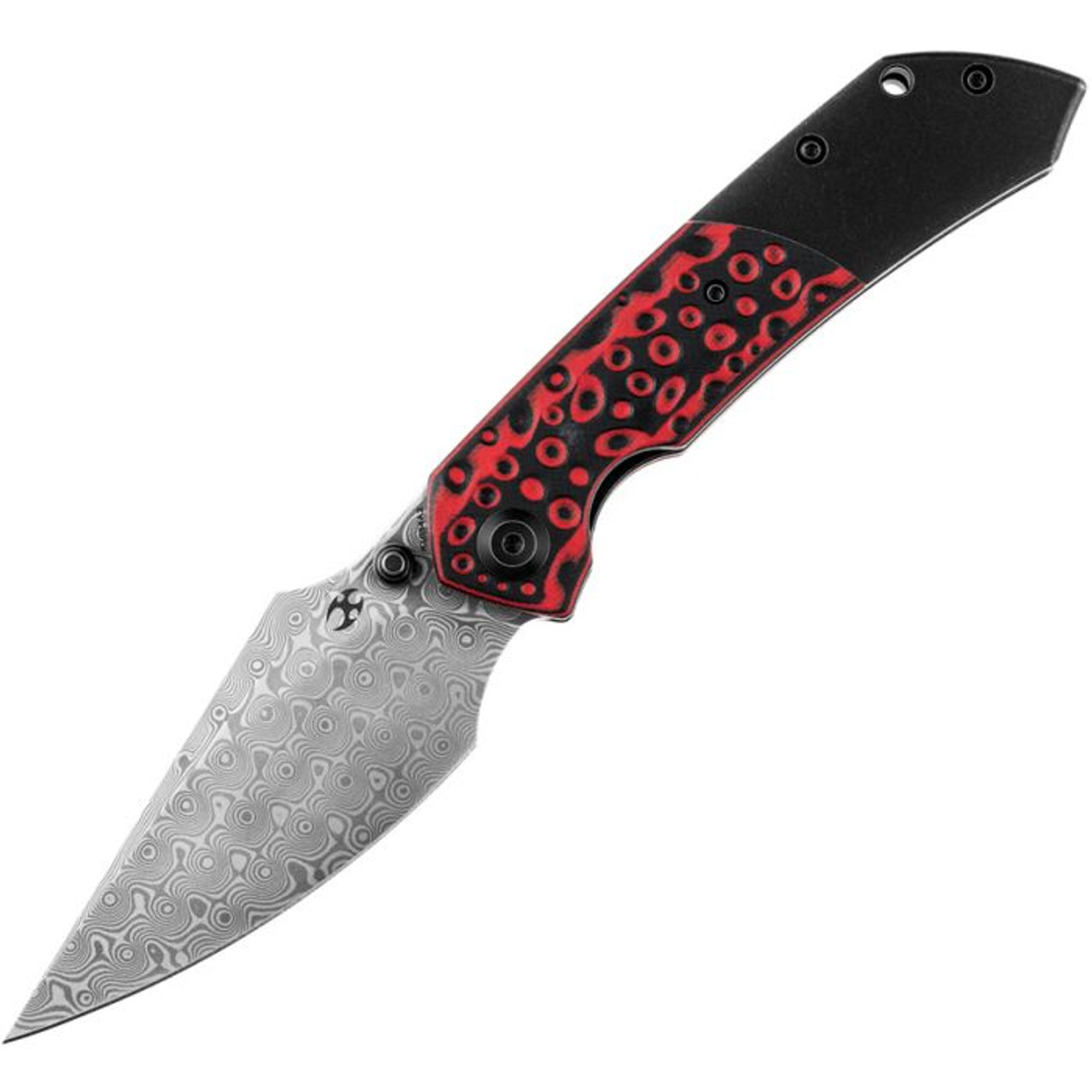 Kansept Knives Fenrir (K1034A2) 3.48" Damascus Drop Point Plain Blade, Black Titanium Handle with Black and Red Swirl G-10 Inlay