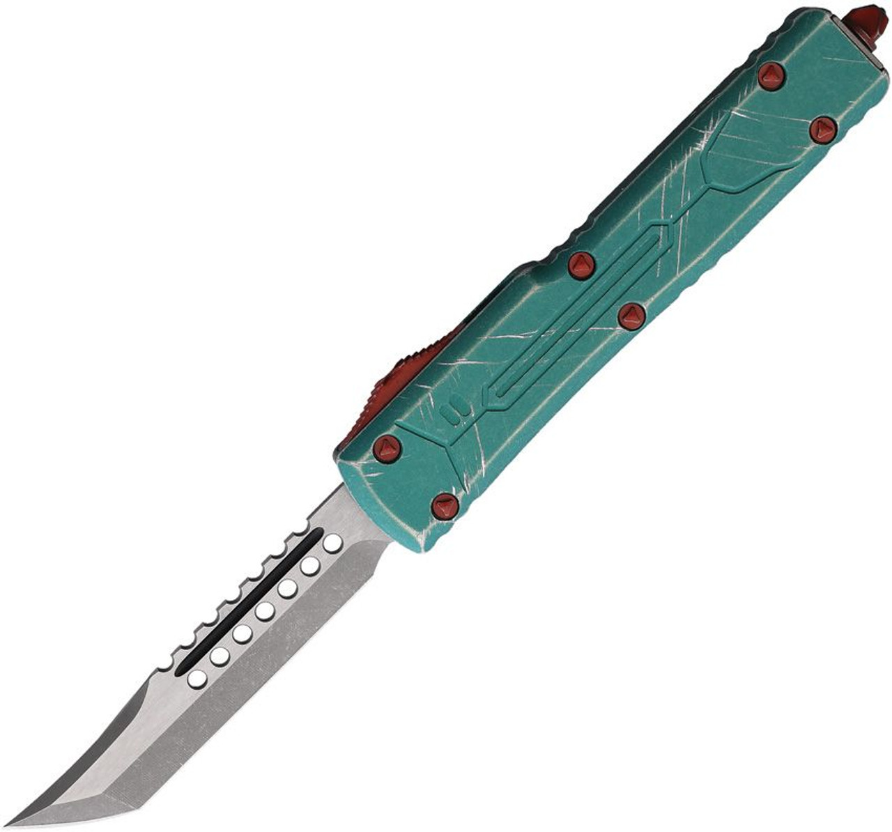 Microtech UTX-70 Hellhound Bounty Hunter OTF (MCT41910BH) 2.40" Premium Steel Stonewashed Tanto Plain Blade, Distressed Teal and Red Aluminum Handle