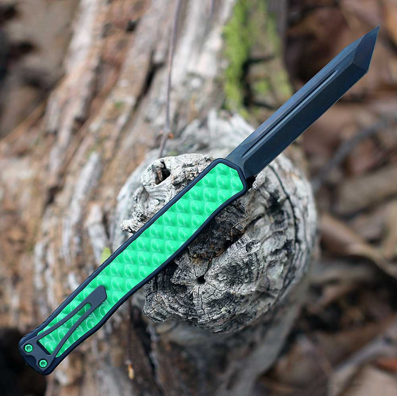 Heretic Cleric II OTF Automatic (H019-6A-TXHDW) - 4.25in Black DLC CPM-Magnacut TantoEdge Plain Blade, Toxic Green Anodized Aluminum/Toxic Green Bubble Inlay, Toxic Green Hardware and Black Titanium Clip