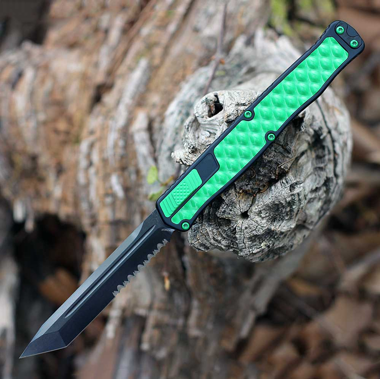 Heretic Cleric II OTF Automatic (H019-6B-TXHDW) - 4.25in Black DLC CPM-Magnacut TantoEdge Partial Serrated Blade, Toxic Green Anodized Aluminum/Toxic Green Bubble Inlay, Toxic Green Hardware and Black Titanium Clip