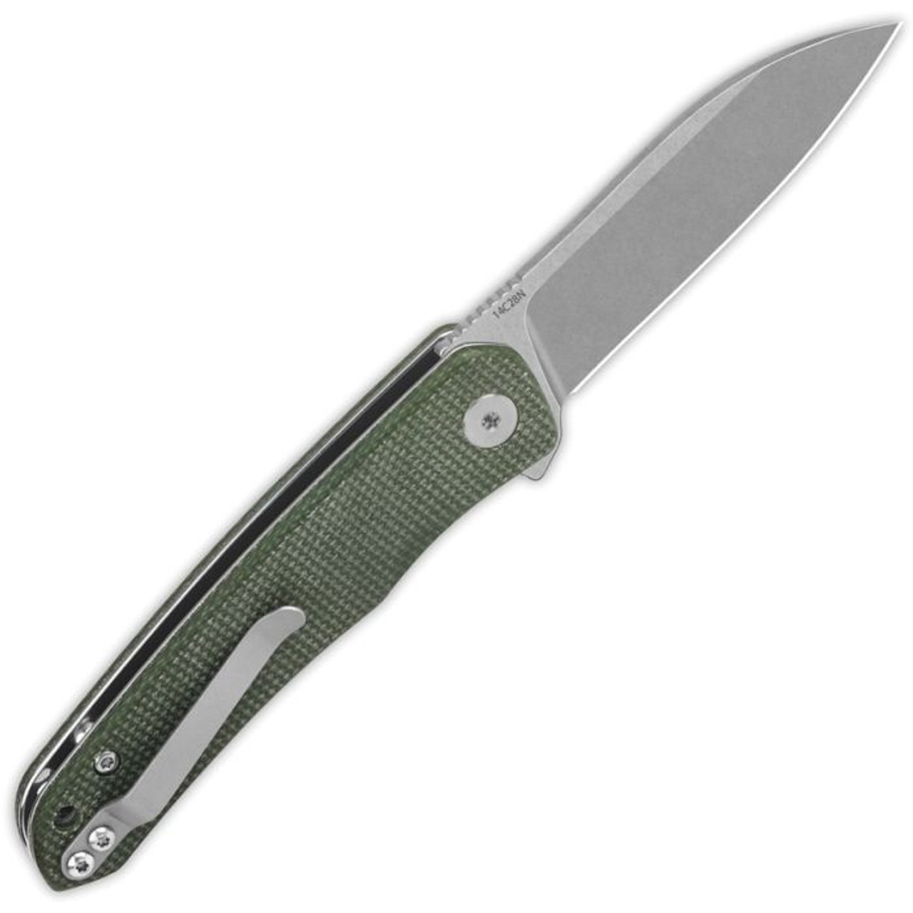QSP Knife Otter (QS140E1) 2.7" 14C28N Stonewashed Drop Point Plain Blade, Green Canvas Micarta Handle