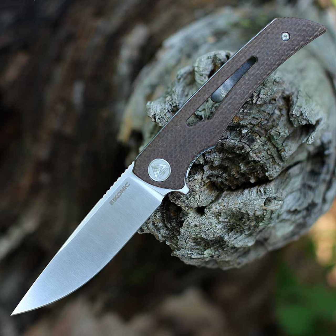 EIKONIC Knife Co Aperture (551SBR) 3.20" D2  Satin Plain Drop Point Blade, Brown Canvas Micarta Handle