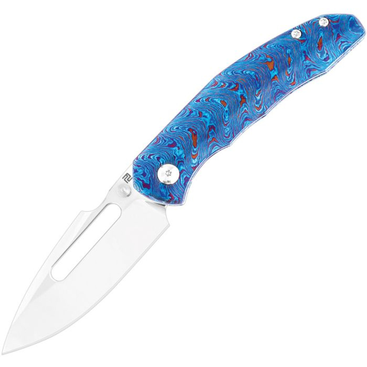 Artisan Cutlery Boa (ATZ1862GTDB) 3.12" CPM-S90V Mirror Polished Drop Point Plain Blade, Blue Timascus Handle