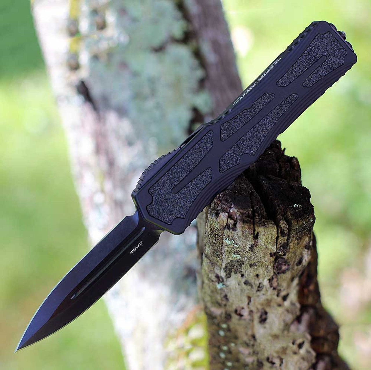 Heretic Colossus DE (H041-6A-T) - 3.50" Black DLC CPM-MagnaCut Double Edge Plain Blade, Black Aluminum Handle w/Black Grip Inlays