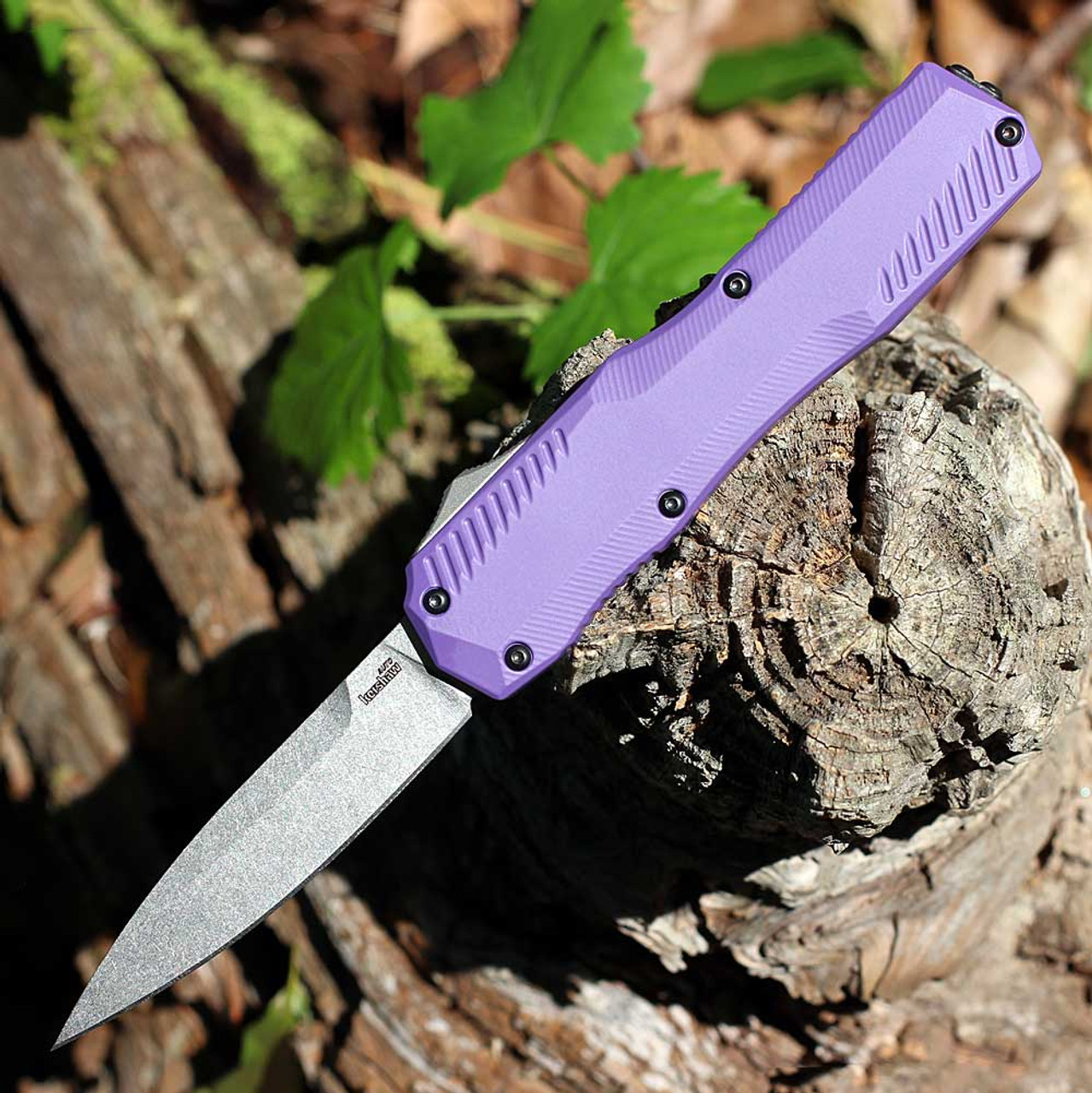 Kershaw Livewire OTF Automatic (9000PUR) - 3.30in CPM-MagnaCut Stonewashed Drop Point Plain Edge, Purple 6061-T6 Aluminum Handle