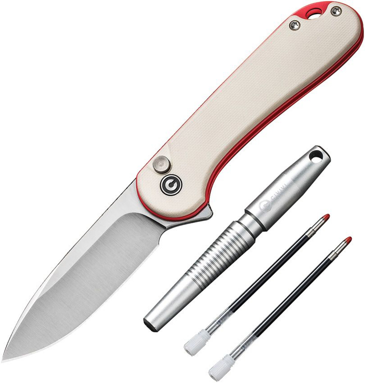 CIVIVI StellarQuill Pen & Elementum II Knife Combo (C23049) 2.96" Nitro-V Satin Drop Point Bladem White G-10 with Red Liners Handle - Silver Aluminum Pen