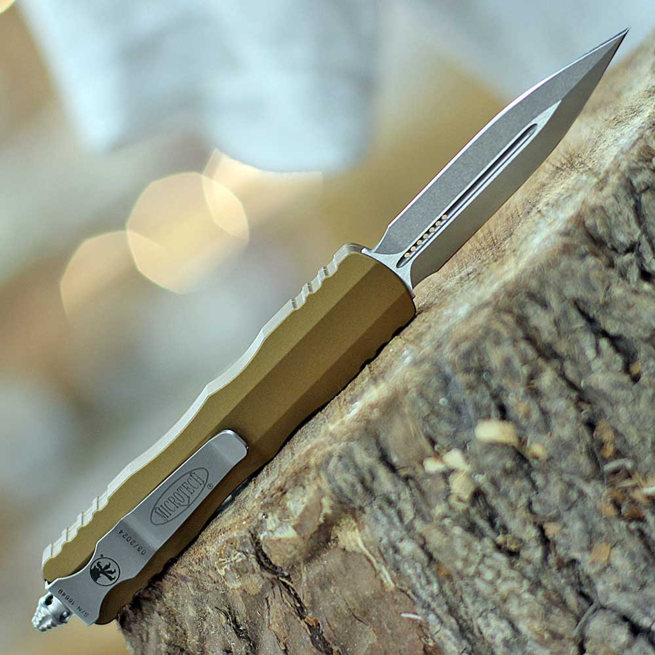 Microtech Dirac D/E OTF (MCT22510TA) 2.875" Stonewashed Double Edged Dagger Plain Blade, Tan Aluminum Handle